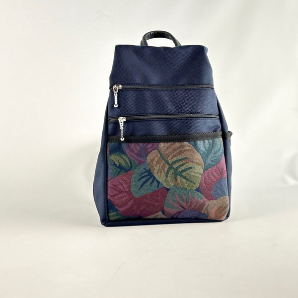 B967-NV SMALL Side Entry Backpack in Navy Nylon with Fabric Accent Pocket