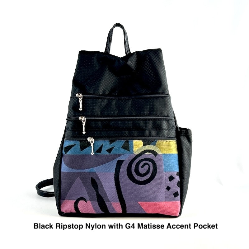 R968W Medium Ripstop Side Entry Backpack Purse - deluxe extra zipper pocket + leather straps