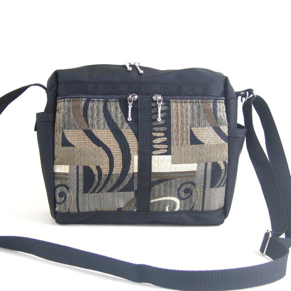 106 Medium Messenger Bag Purse in Black Nylon with Fabric Accent Pockets