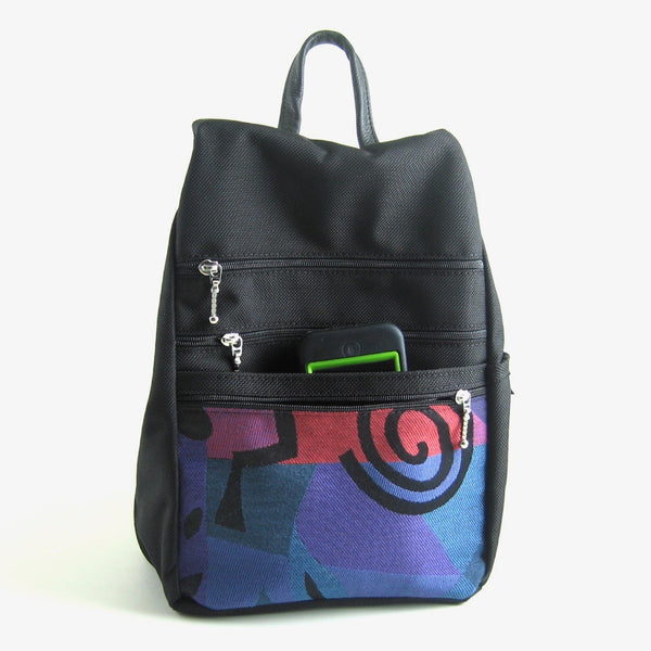 B967-W BL Small Side Entry Backpack with Extra Zip in Fabric Accent Pocket