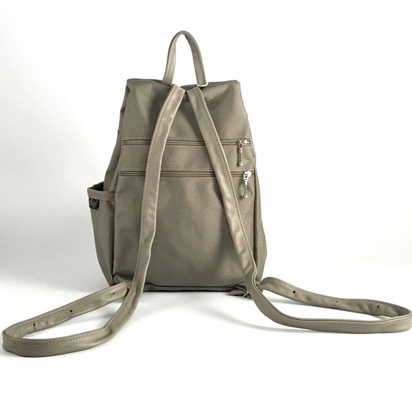 B969-KH  Large Side Entry Backpack in Khaki Nylon with Fabric Accent pocket