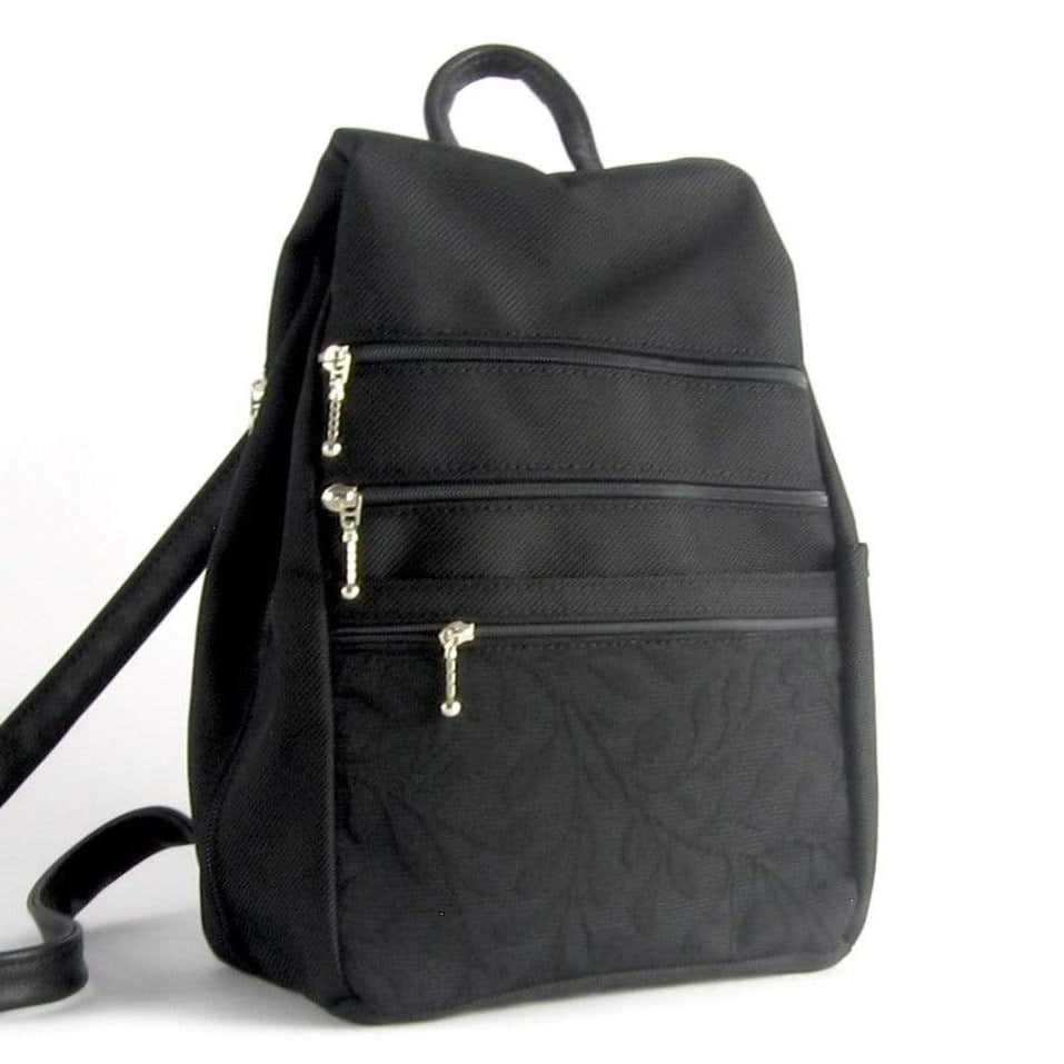 B968-BL Medium Side Entry Backpack in Black Nylon with Fabric Accent P –  GreatBags & Maple Leather